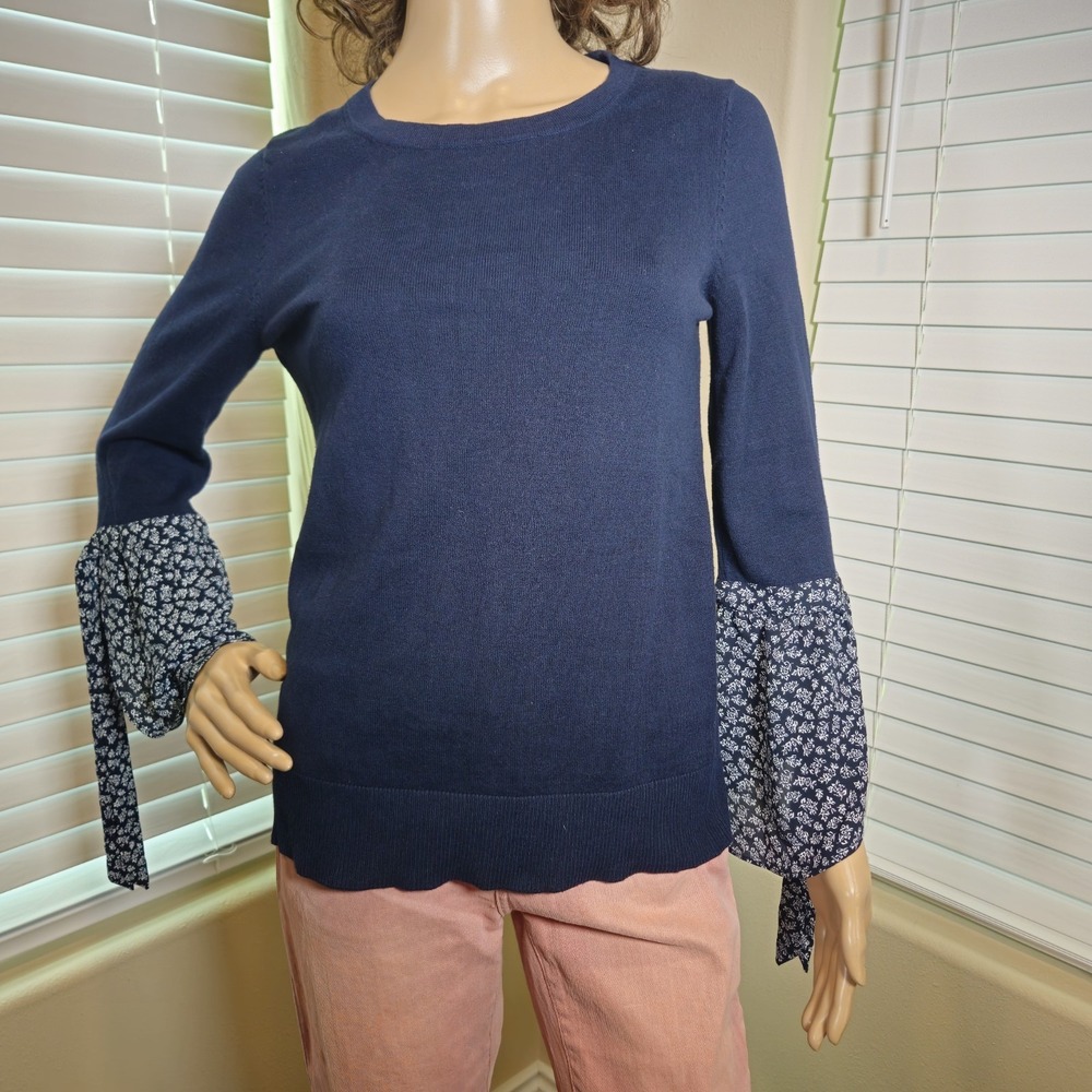Loft Navy Blue Knit Sweater Floral Bell Sleeve Tie Cuff Crew Neck Small 465900